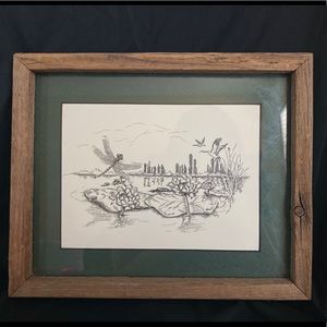 VTG Black and White Dragonfly Pond Framed Sketch